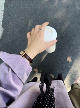 小个子紫色polo领灯芯绒衬衫女秋冬衬衣开衫外套叠穿宽松长袖上衣