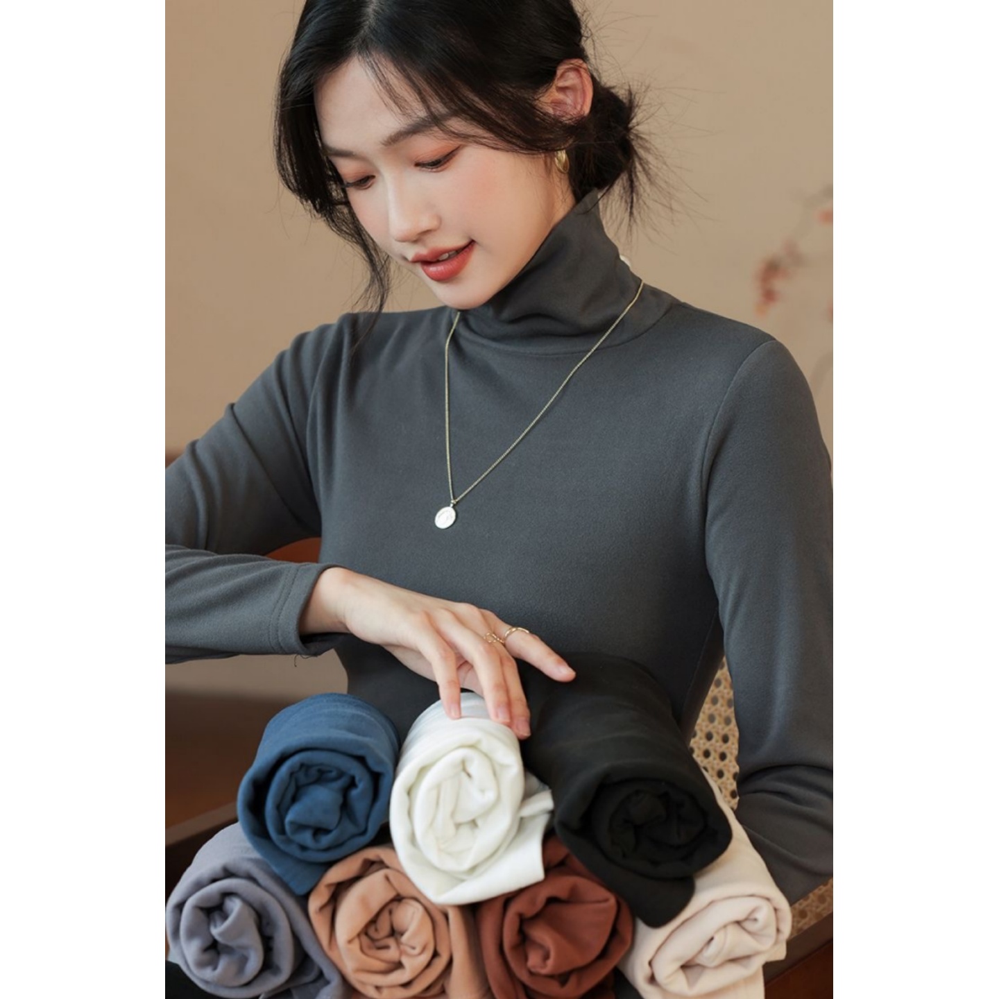 深灰高领双面德绒长袖磨毛百搭打底衫女秋冬保暖内搭修身显瘦