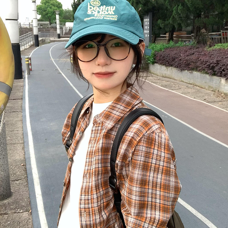 复古格子短袖衬衫上衣女