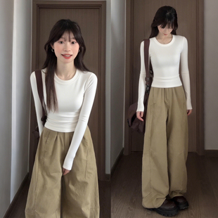 白色内搭打底衫秋冬季正肩女t恤早秋天长袖紧身修身上衣韩系穿搭