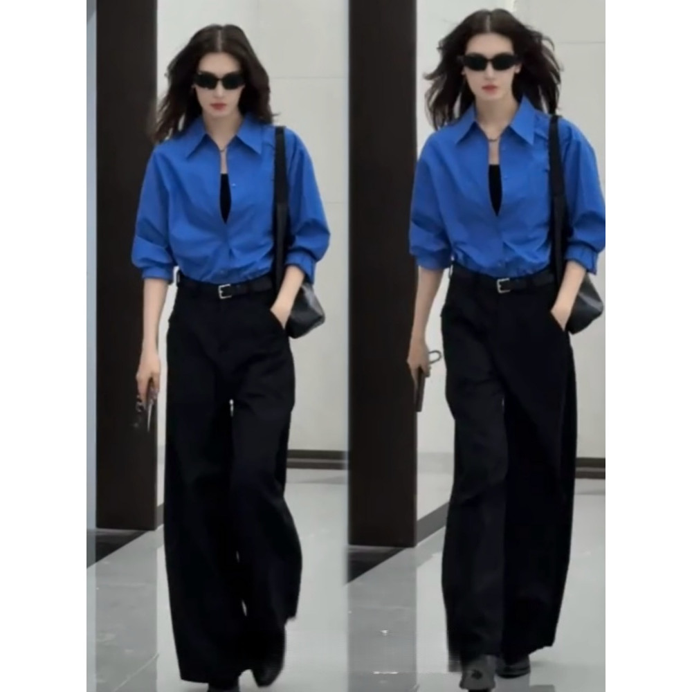 韩系独特克莱因蓝衬衫女春季新款
