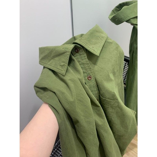 2025新款春夏休闲显白牛油果绿色衬衫叠穿衬衣复古长袖上衣