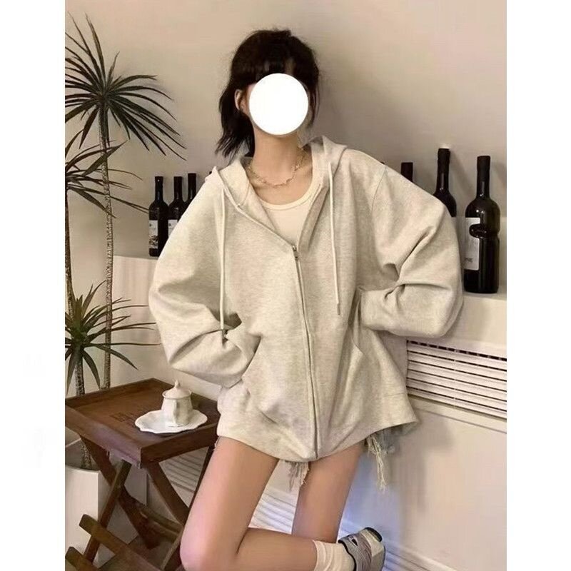 美式简约纯色连帽拉链卫衣外套女2025秋冬季加绒宽松开衫上衣