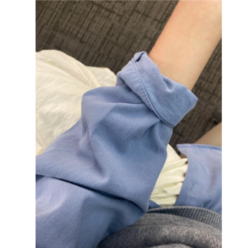蓝色纯棉衬衫小个子韩版正肩百搭简约通勤女纯色长袖开衫外搭上衣