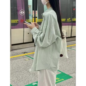 100%纯棉豆绿色叠穿防晒衬衫女宽松百搭长袖遮肉衬衣开衫薄款外套