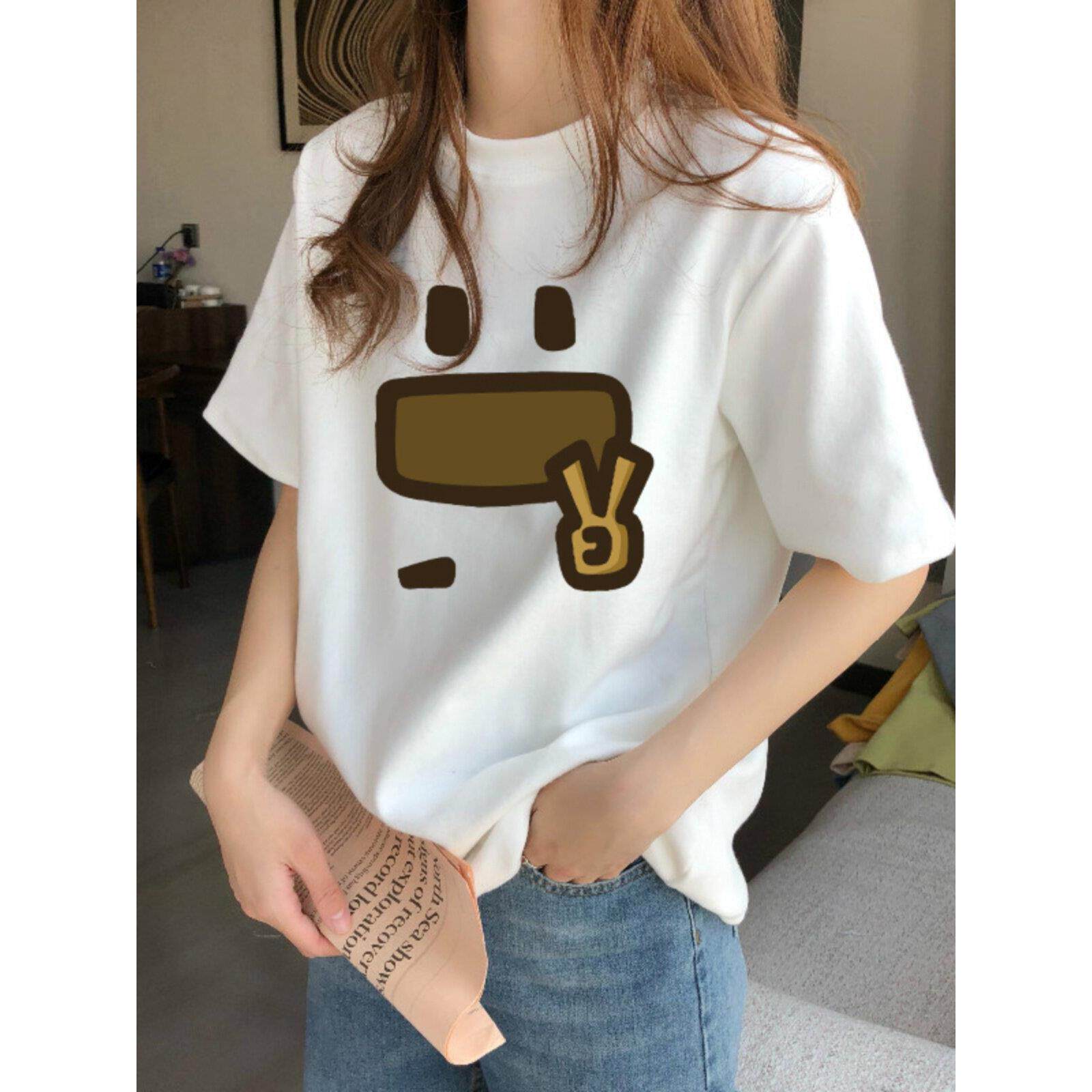 韩版chic白色短袖t恤女装春夏季卡通印花正肩宽松纯棉打底衫上衣