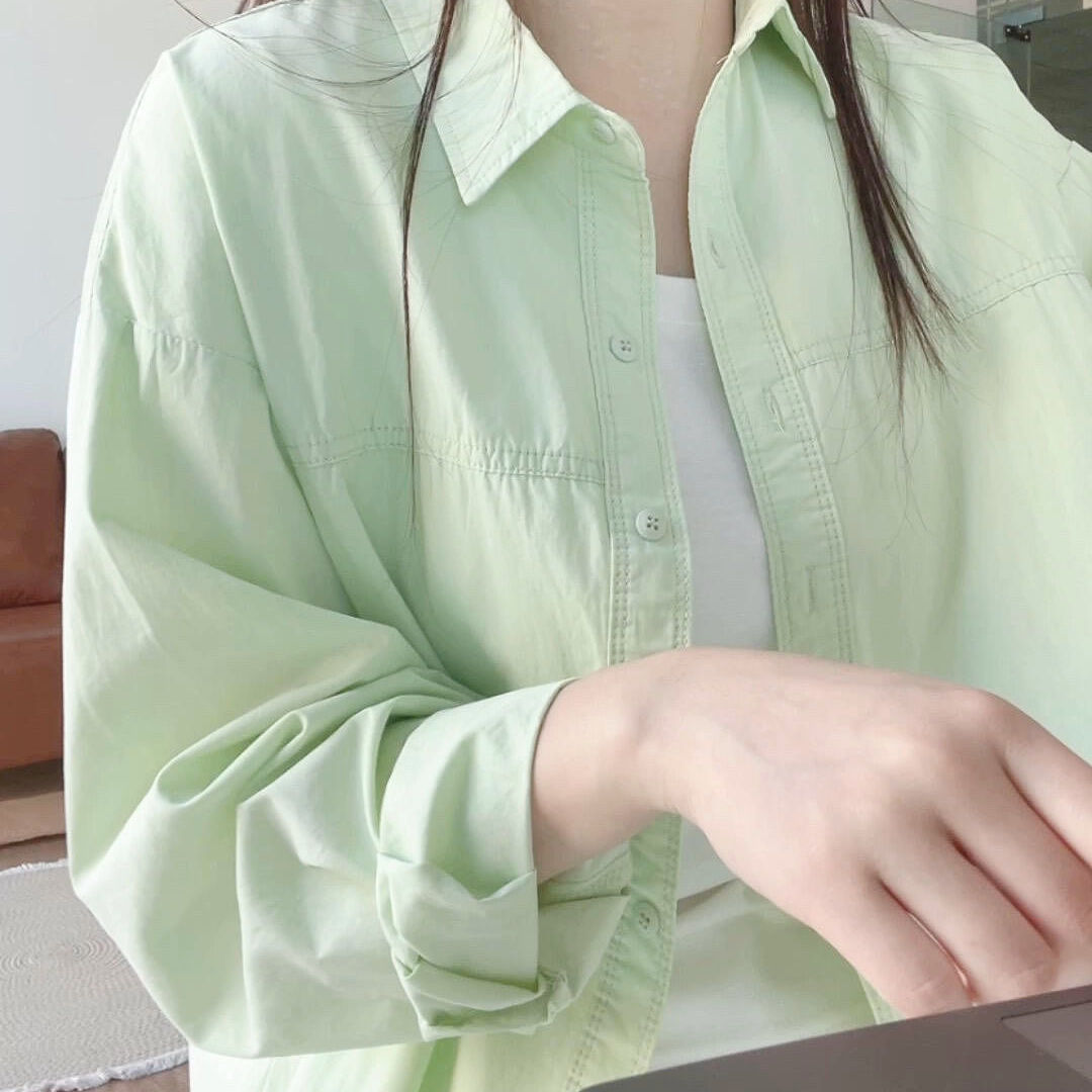 绿色防晒衬衫百搭外套女2025新款爆款韩系穿搭长袖衬衣多巴胺上衣
