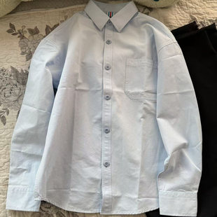 100%纯棉正肩浅蓝色极简风衬衫长袖上衣春装外套男女款情侣装衬衣