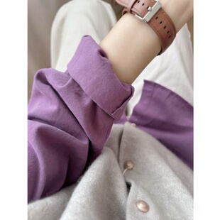 小众显白衬衫100%纯棉女春季新款小个子紫色衬衣叠穿冬季长袖上衣