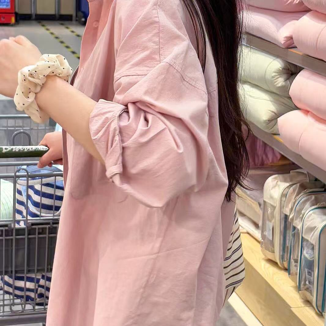 轻奢甜美正肩纯棉衬衫女ins风新款薄款宽松遮肉显瘦长袖衬衣外穿