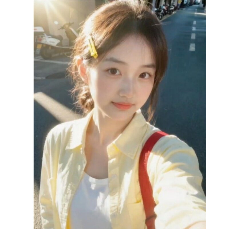 早秋纯棉黄色衬衫外套女小个子宽松长袖上衣内搭打底正肩衬衣开衫