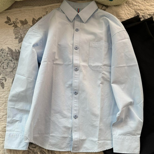 100%纯棉浅蓝色衬衫小个子韩系休闲毛衣马甲叠穿内搭衬衣外套女