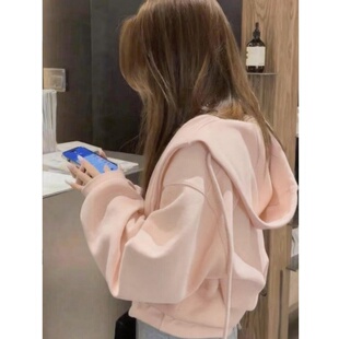 粉色卫衣女春秋2025新款韩版宽松休闲小个子短款运动开衫连帽外套