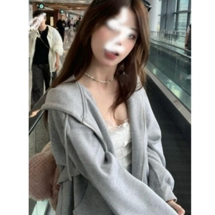 慵懒开衫 韩女穿搭小个子灰色连帽卫衣女春秋薄款 外套秋冬加绒加厚