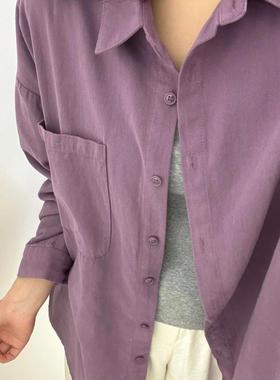 紫色纯棉长袖衬衫女小众高级感内搭叠穿宽松遮肉上衣衬衣外穿开衫