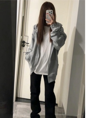 纯棉灰色连帽拉链卫衣女春秋薄款纯色外套宽松慵懒风休闲开衫秋冬
