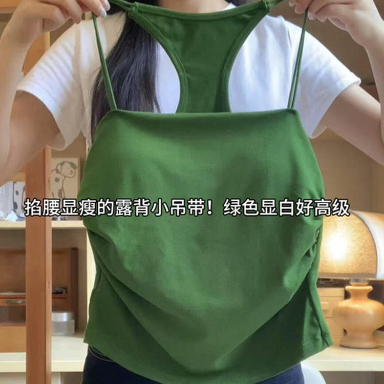 音乐节穿搭泰式绝美绿色带胸垫挂脖吊带背心女2025新款无袖小上衣