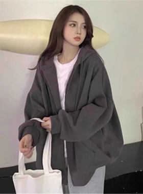 深灰色连帽拉链卫衣女秋冬加绒加厚2025爆款宽松外套长袖上衣