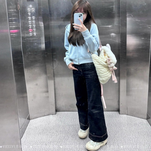 拉链加绒加厚 小个子宽松连帽开衫 深秋短款 外套奶蓝色卫衣女秋冬装