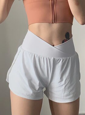 V 腰健身裤跑步户外运动休闲双层短裤女假两件宽松舒适网眼防走光