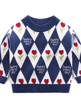 weijuan男童纯棉中领毛衣秋冬新款卡通格子针织毛衣小熊花朵宽松5