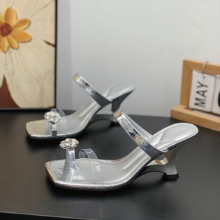 时尚 超火透明带方头凉拖 高级感外穿粗跟7CM套趾一字拖女2026夏季