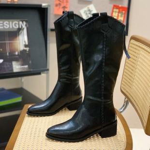 长筒V口骑士靴子女2025冬季爆款粗跟后拉链显腿长气质显瘦机车靴