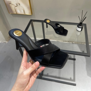 仙女风方头交叉带一字拖女夏外穿2026新款 细跟8cm气质高跟凉拖鞋