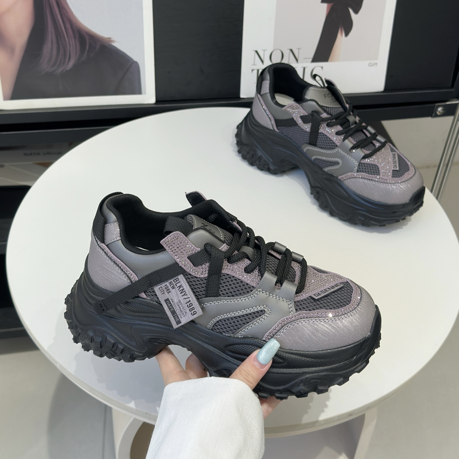 小个子增高厚底系带拼接老爹鞋