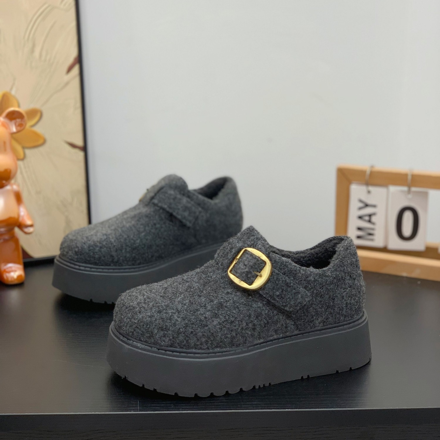 超火毛呢绒面复古灰色勃肯鞋2025冬季加绒魔术贴厚底百搭休闲棉鞋,女鞋,棉鞋,淘宝优惠券,粉丝福利购,淘宝优惠卷