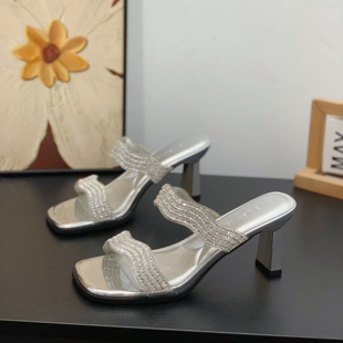 仙女风水钻一字拖女夏外穿2026新款 配裙子细跟7cm高跟气质凉拖鞋