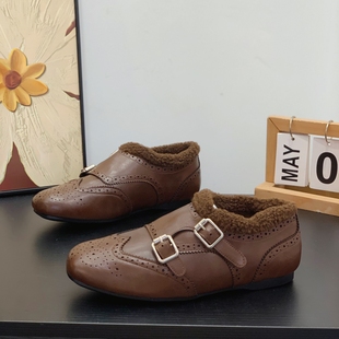 高级感复古雕花乐福鞋 加绒保暖棉鞋 女2025冬季 显脚小平底布洛克鞋