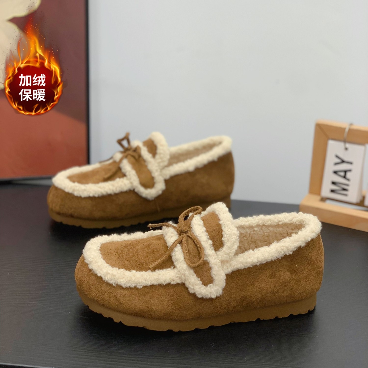 冬季加绒毛毛鞋绒面平底豆豆鞋女2025超火蝴蝶结保暖通勤勃肯棉鞋,女鞋,棉鞋,淘宝优惠券,粉丝福利购,淘宝优惠卷