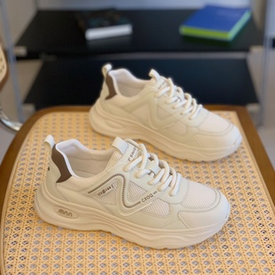 百搭轻便舒适休闲运动鞋 新款 女2025秋季 真皮网面不累脚厚底老爹鞋