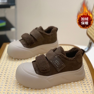 加绒保暖丑萌大头面包鞋女2025冬季超火魔术贴厚底毛毛鞋绒面板鞋