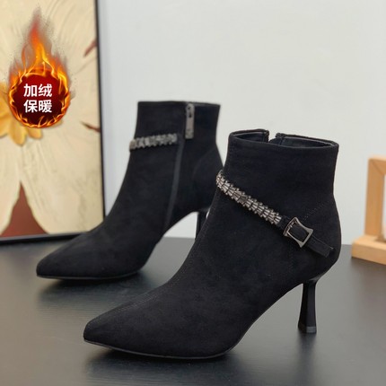 性感尖头显瘦时装靴小个子女增高7CM短靴2025冬季加绒气质高跟靴