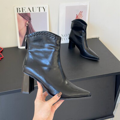 气质尖头高跟黑色通勤百搭时装靴