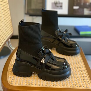 炸街短靴 连袜乐福小皮鞋 小个子粗跟厚底针织弹力袜靴2025秋季 新款