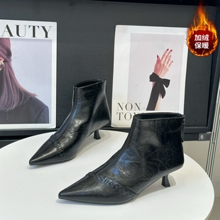 尖头高跟小短靴女2025冬季新款气质细跟加绒弹力靴法式猫跟瘦瘦靴