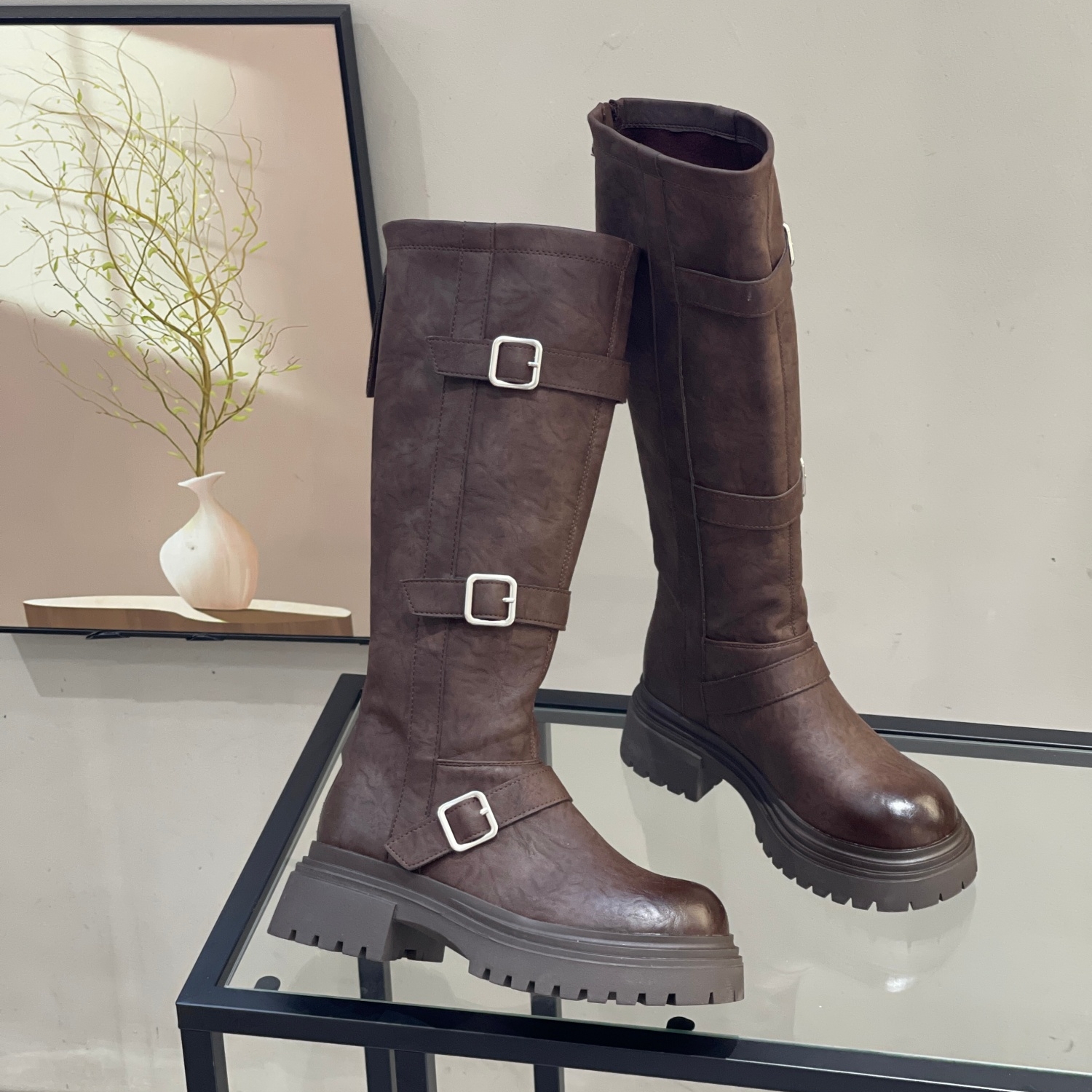 秋冬战靴~复古不过膝厚底骑士靴