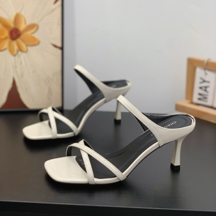 细跟7CM细带一字凉拖 新款 复古知性风方头高跟鞋 小个子女2026夏季