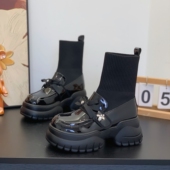 松糕厚底6CM复古漆皮连袜乐福鞋 超火针织弹力袜靴女2025冬季 新款