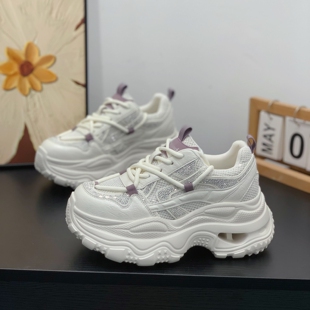 休闲运动鞋 厚底6CM时尚 女2026春新款 复古拼色潮流贴钻真皮老爹鞋