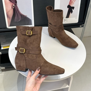 复古废土风西部靴女2025秋季 方头中筒靴猫跟显瘦马丁靴骑士靴 新款