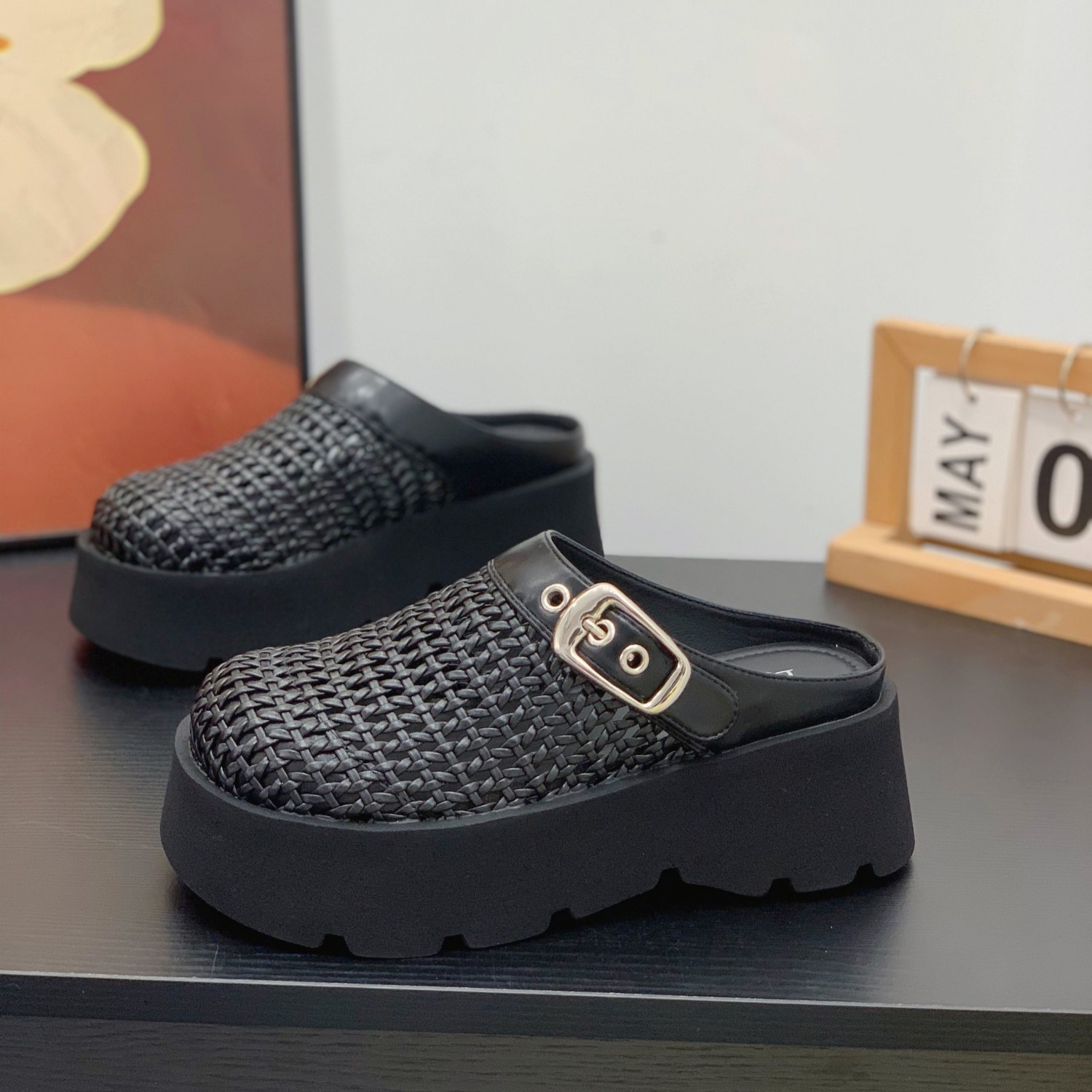 编织网面松糕厚底勃肯半拖鞋女2026年春夏新款魔术贴皮带扣包头拖,女鞋,包头拖,淘宝优惠券,粉丝福利购,淘宝优惠卷