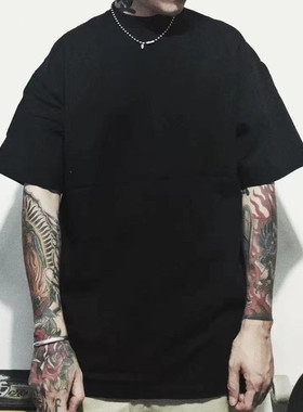 bboy宽松打底tee街头old school重磅hiphop纯色加厚小领口短袖