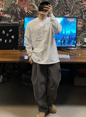 bboy 320克细棉宽松嘻哈hiphop复古重磅加厚小领口长袖纯色打底