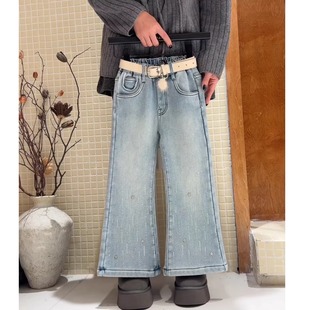 年款女童2025冬季加绒烫钻闪亮牛仔裤子喇叭裤洋气浅色微喇裤超软