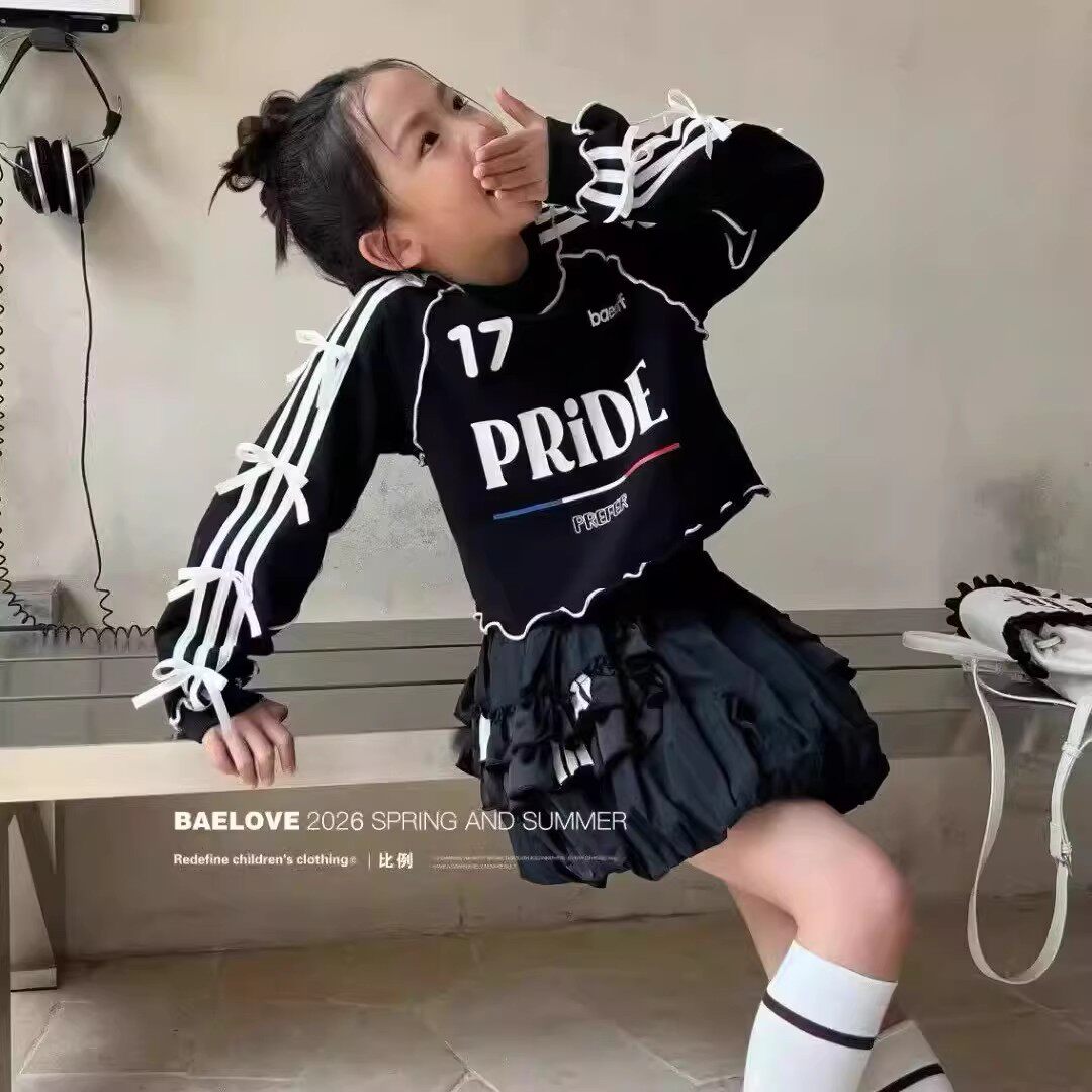 女童春季2026甜美可爱短裙蛋糕裙短款宽松蝴蝶结卫衣设计感 洋气