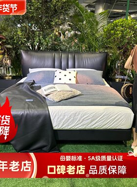 现代简约软靠背黑色主卧大床双人床 1.8米大气原创设计师牛皮床